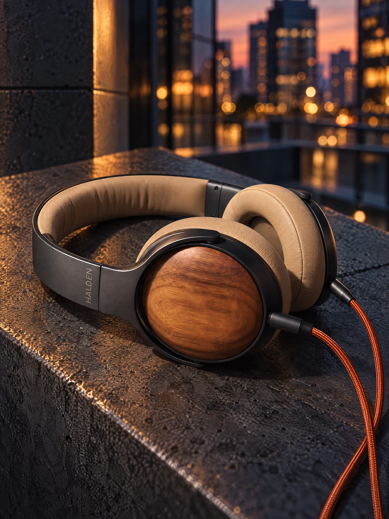 Wood and Cream Arc, showing both round earcups and copper cable on charcoal stone